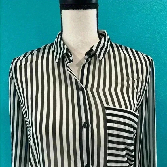 Zara trafaluc sheer long sleeve black and white striped button down top - Picture 2 of 4